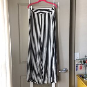 Black and white striped wide leg trousers